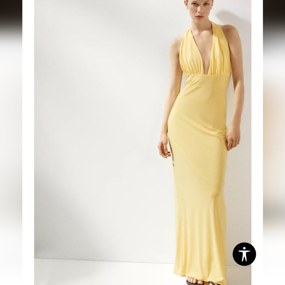 Zara Pale Yellow Halter V-Neck Maxi Dress